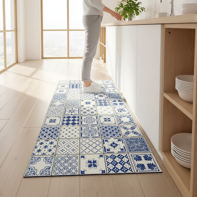 Tapis Cuisine long carreaux bleus antidérapant lavable