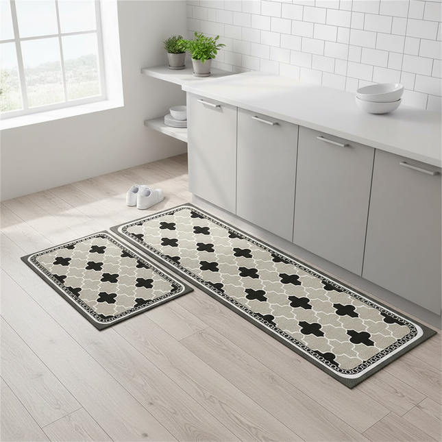Tapis Cuisine géométrique beige noir antidérapant