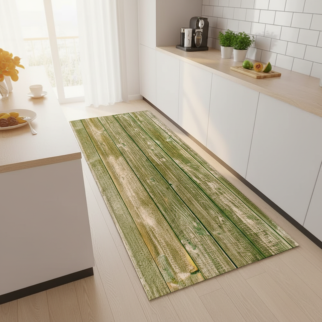 Tapis Cuisine planches bois vert patiné lavable
