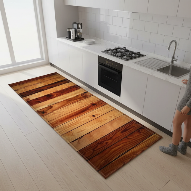 Tapis Cuisine planches bois marron antidérapant