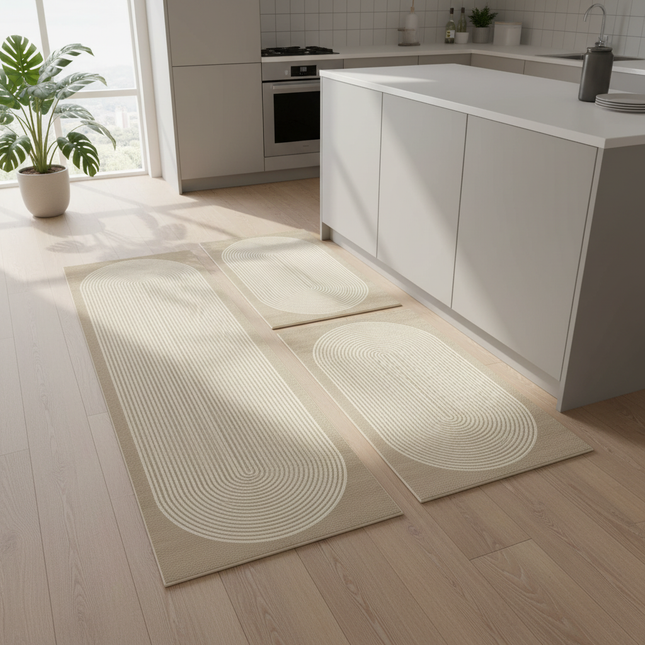 Tapis Cuisine beige géométrique lavable résistant