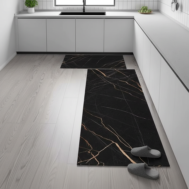 Tapis Cuisine noir motif marbre moderne