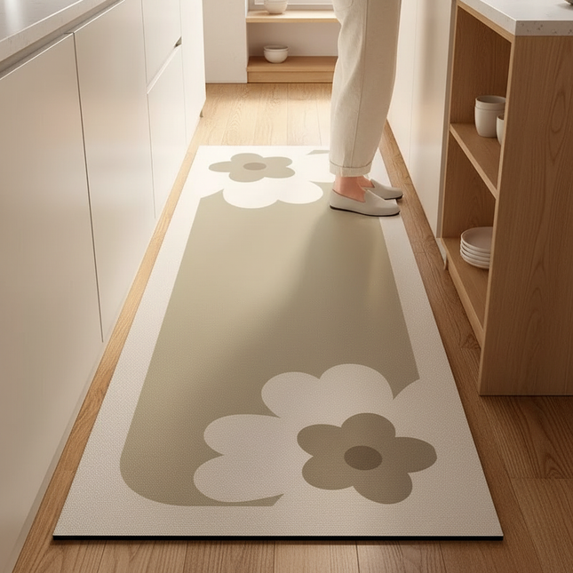 Tapis Cuisine beige motif floral antidérapant décoratif