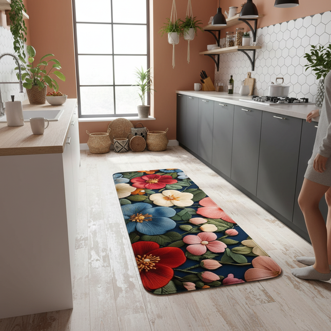 Fresh and natural style machine-washable rectangular flower printed meal kitchen floor mat dining room available small carpet