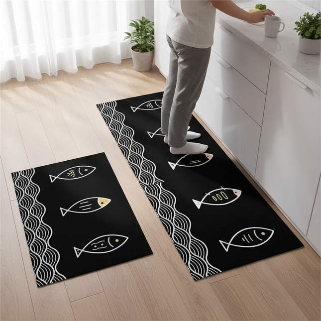 Tapis Cuisine noir motifs poissons antidérapant
