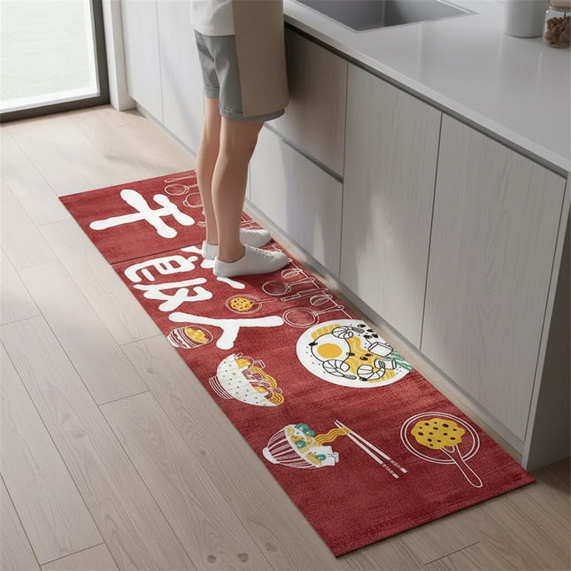 Tapis Cuisine rouge motif culinaire lavable