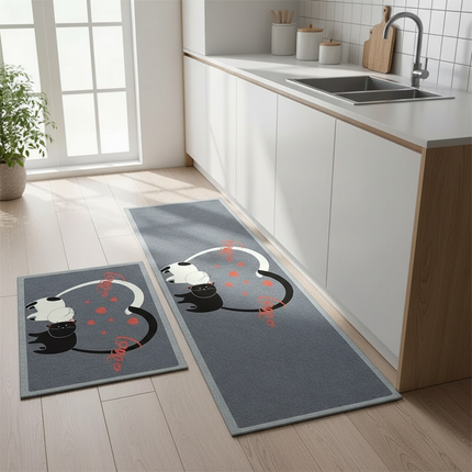 Tapis Cuisine gris motif chat antidérapant