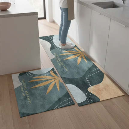 Tapis Cuisine bleu canard feuilles moderne