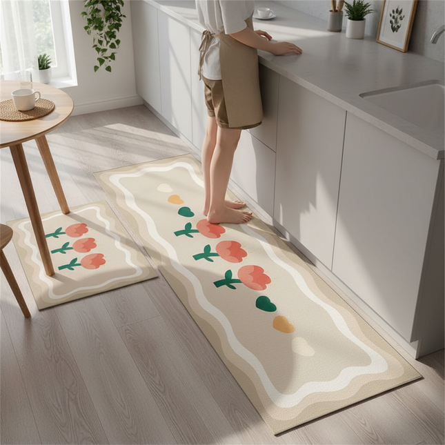 Tapis Cuisine beige floral antidérapant