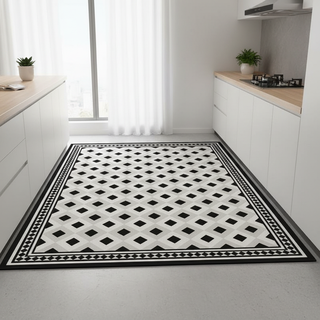 Tapis Cuisine noir et blanc motif géométrique antidérapant
