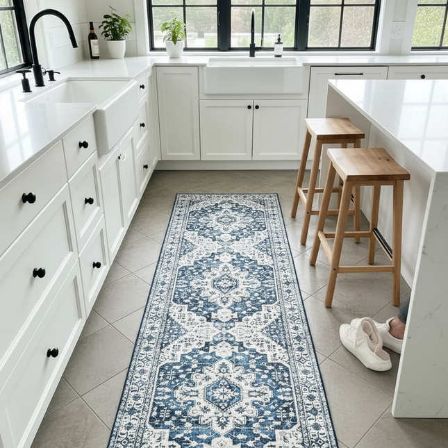 Tapis Cuisine bleu blanc motif vintage lavable