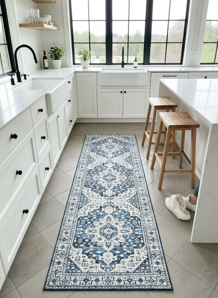 Tapis Cuisine bleu blanc motif vintage lavable