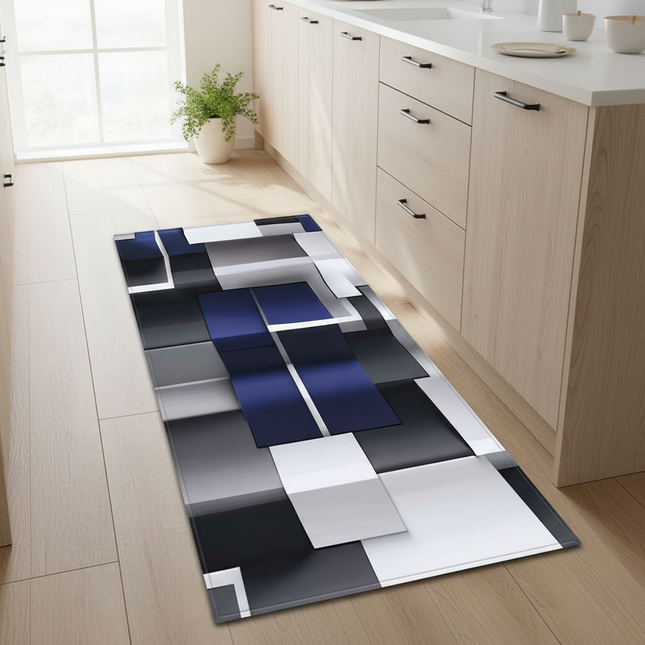 Tapis Cuisine géométrique 3D bleu antidérapant
