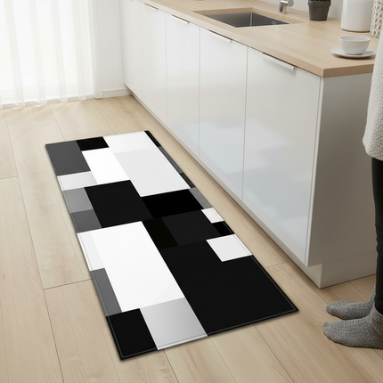 Tapis Cuisine géométrique noir blanc antidérapant