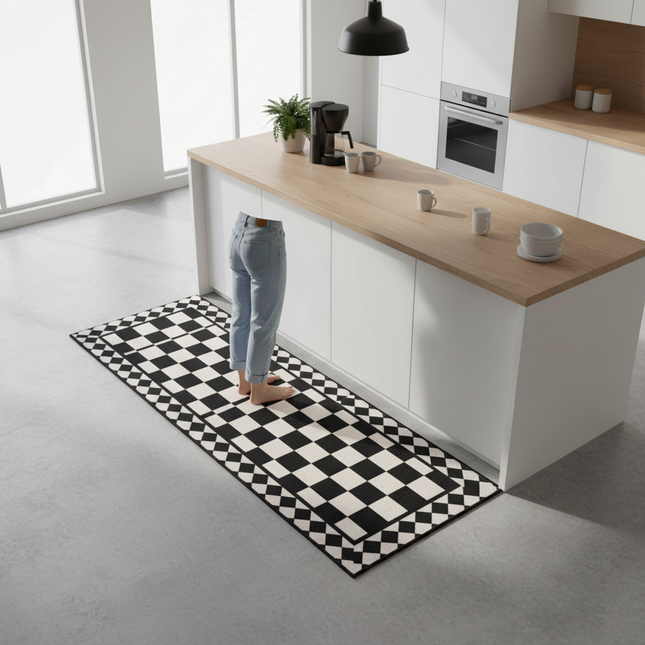 Modern Geometric Black White Checkered Kitchen Mat Living Room Bathroom Balcony Hallway Non-slip Floormat Home Entrance Door Mat