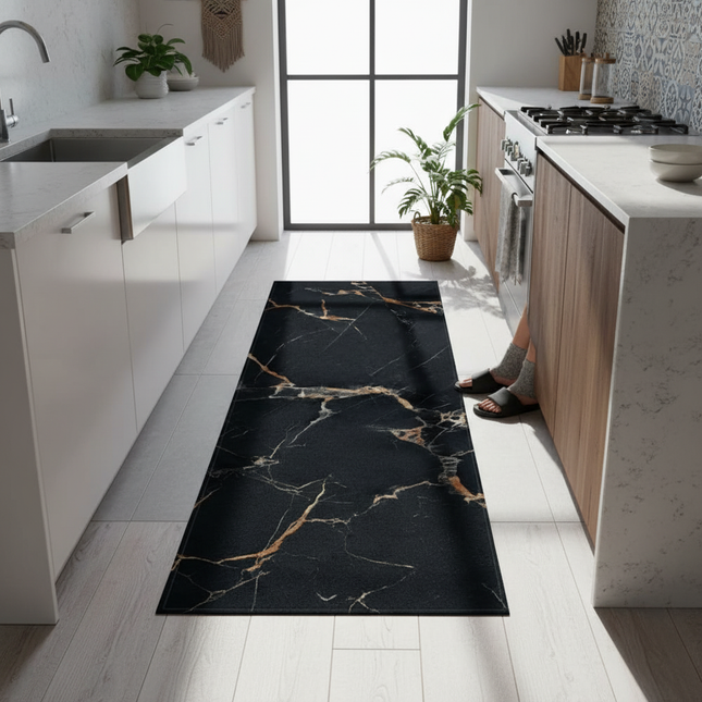 Tapis Cuisine noir marbré doré antidérapant