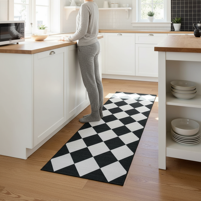 Tapis Cuisine noir et blanc losanges absorbant