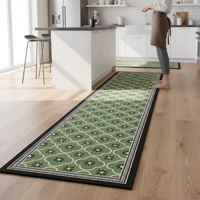 Tapis Cuisine vert motif floral antidérapant