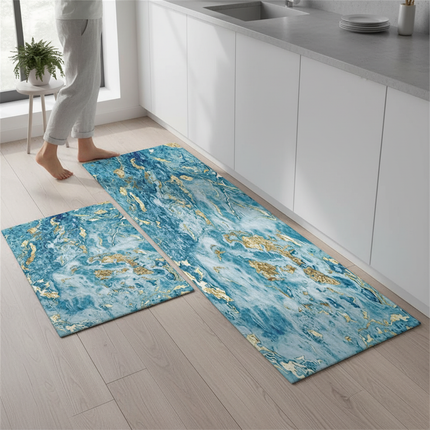 Tapis Cuisine marbre bleu or moderne antidérapant