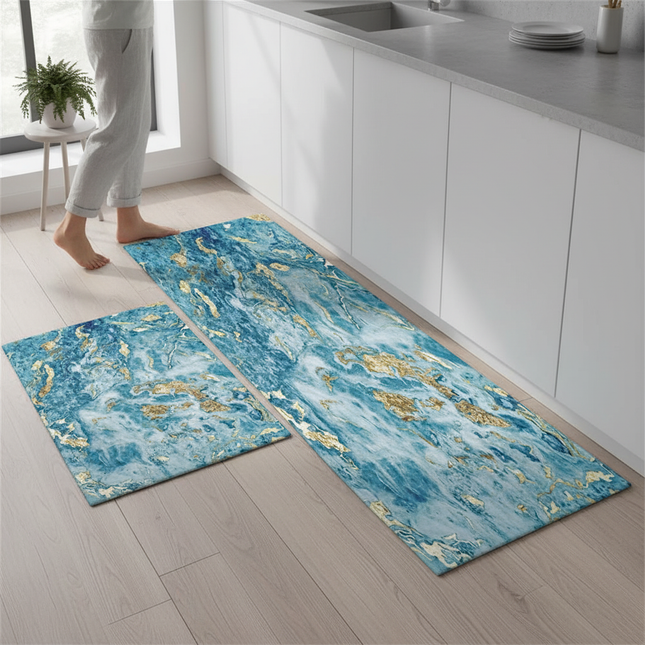Tapis Cuisine marbre bleu or moderne antidérapant