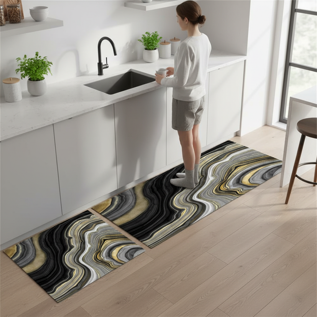 Tapis Cuisine motif marbre noir doré antidérapant