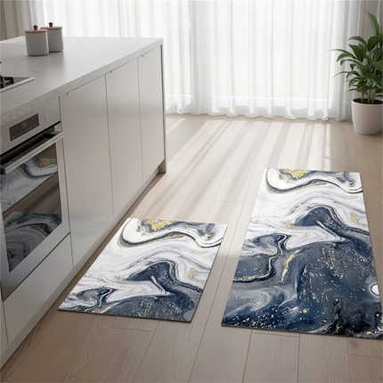 Tapis Cuisine marbre bleu or moderne