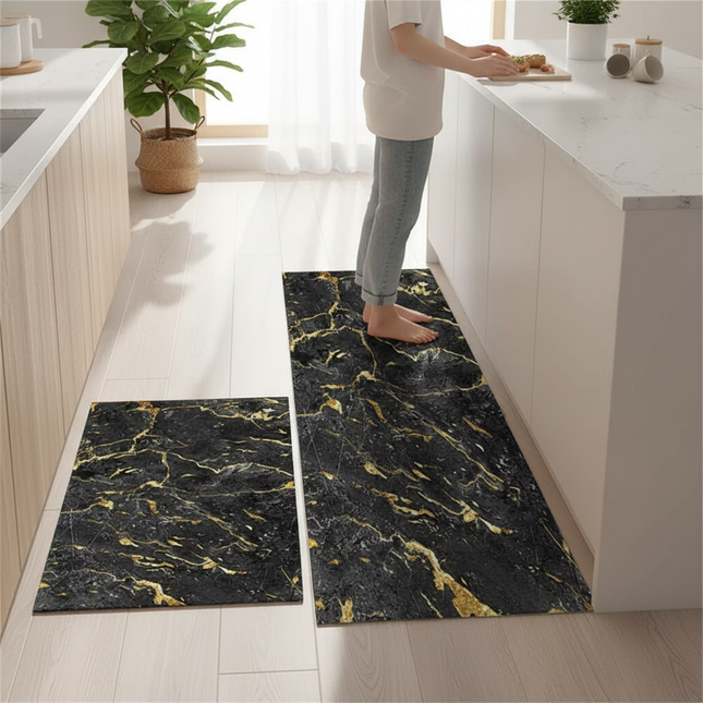 Tapis Cuisine noir marbre doré antidérapant élégant