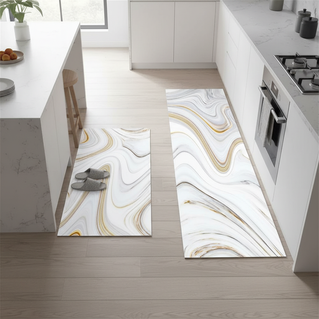Tapis Cuisine marbre blanc doré antidérapant chic