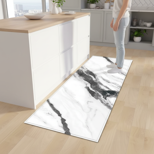 Tapis Cuisine blanc marbré noir antidérapant