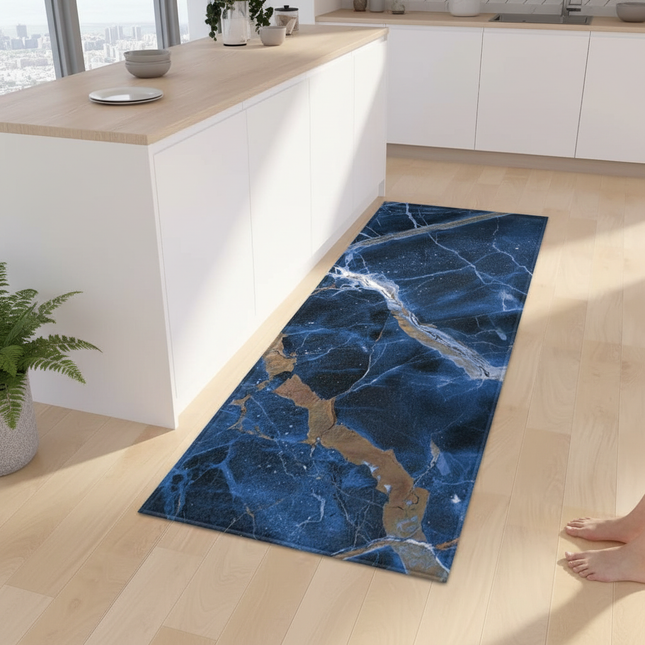 Tapis Cuisine bleu marbré antidérapant lumineux