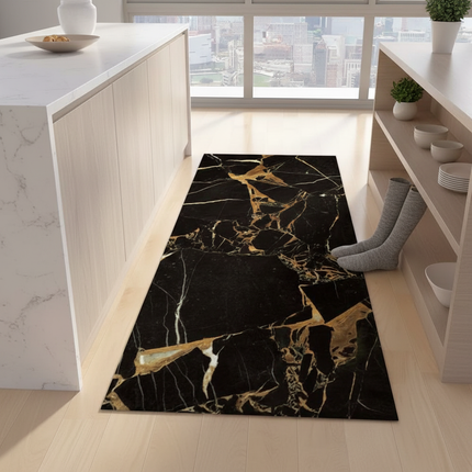 Tapis Cuisine noir marbre doré antidérapant design
