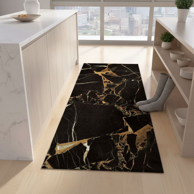 Tapis Cuisine noir marbre doré antidérapant design