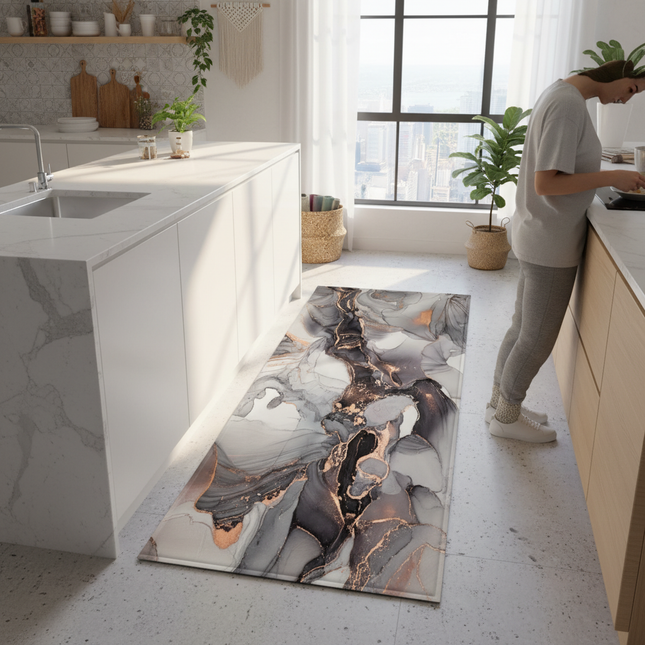 Tapis Cuisine marbre gris doré antidérapant