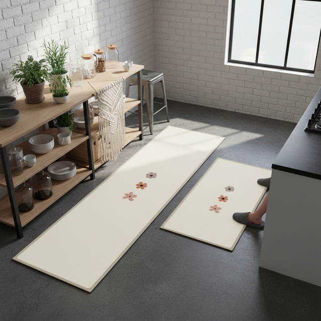 Tapis Cuisine écru floral absorbant