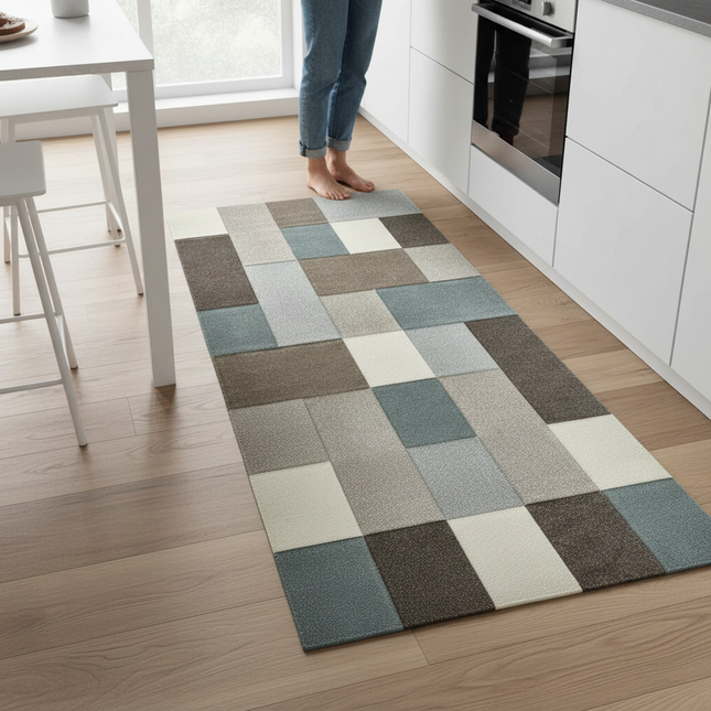 Tapis Cuisine géométrique bleu-gris antidérapant