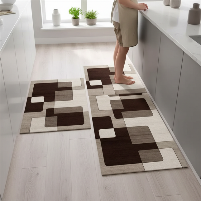Tapis Cuisine Géométrique Marron Beige Antidérapant