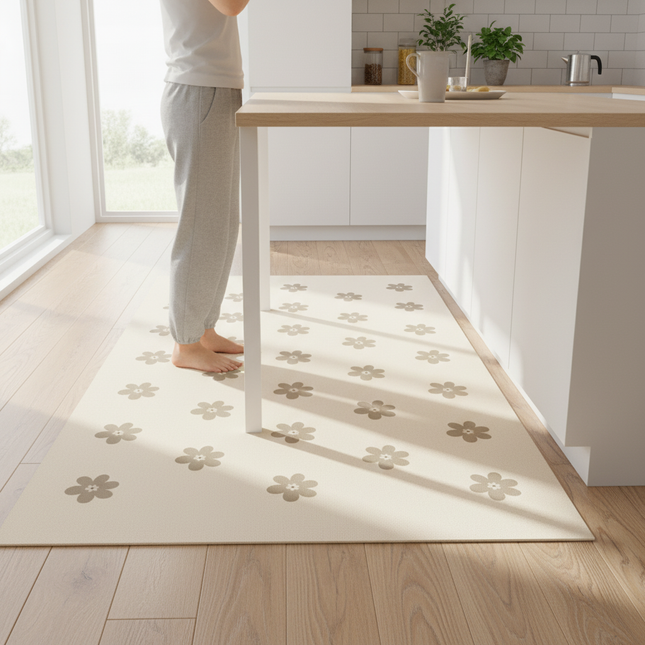 Tapis Cuisine beige à fleurs antidérapant