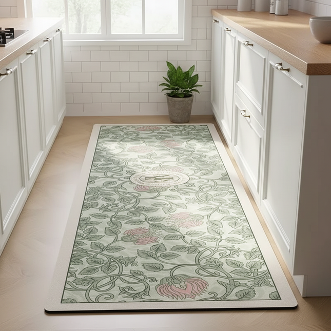 Tapis Cuisine floral vert pâle imperméable