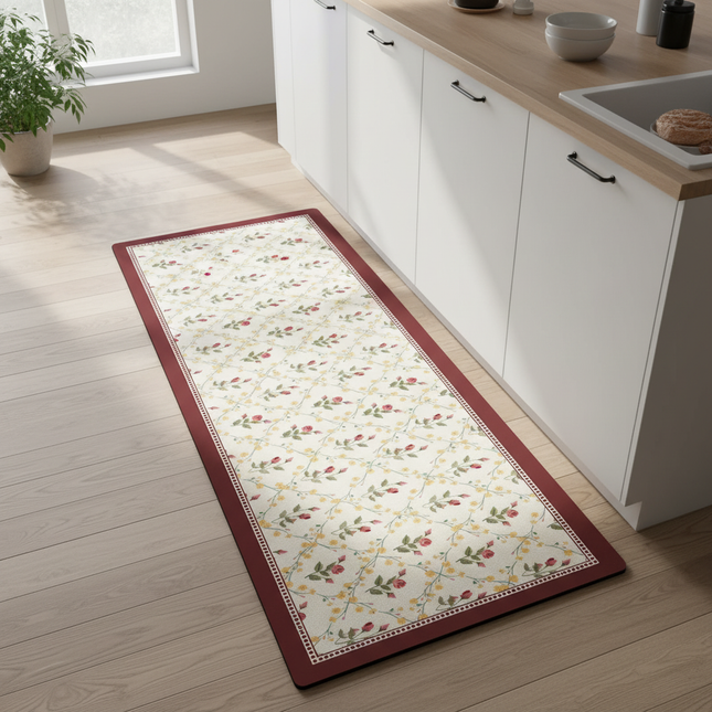 Tapis Cuisine floral bordure rouge lavable