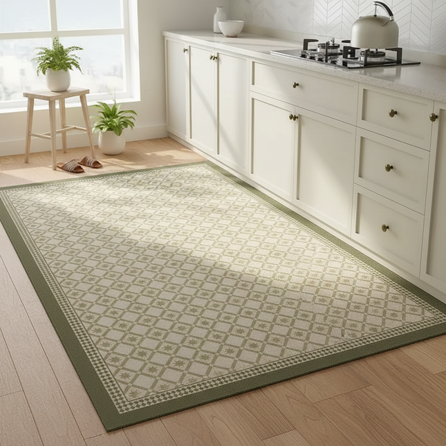Tapis Cuisine vert motif géométrique antidérapant naturel