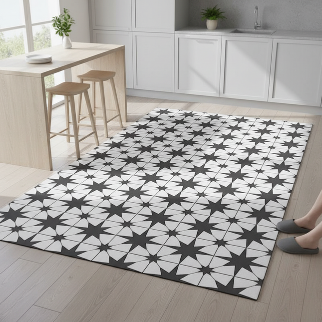 Tapis Cuisine noir blanc motif étoiles moderne
