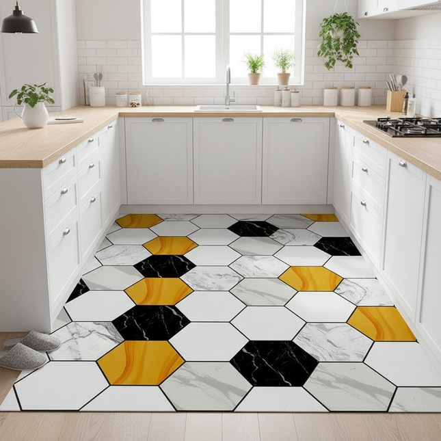Tapis Cuisine hexagonal marbre jaune antidérapant