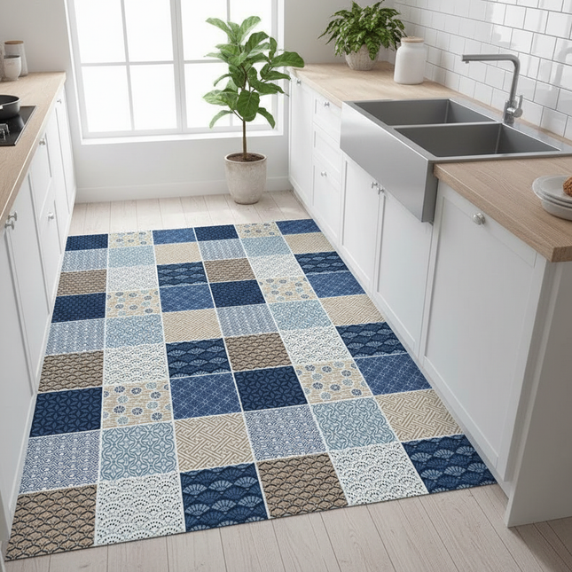 Tapis Cuisine patchwork bleu beige moderne