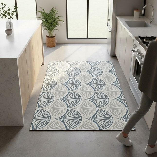 Tapis Cuisine motif éventail bleu gris antidérapant