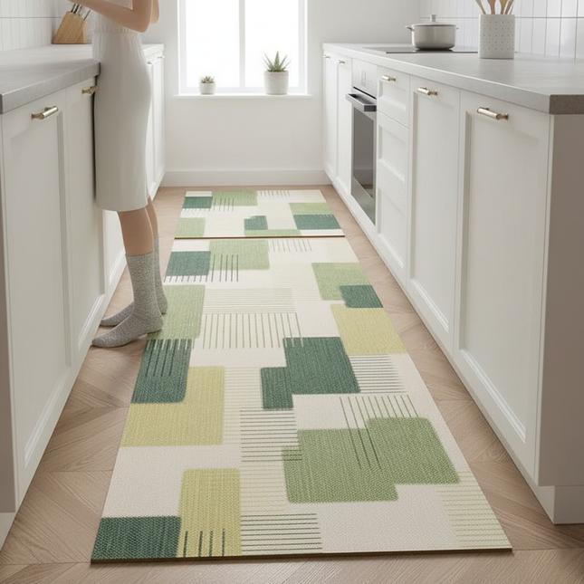Tapis Cuisine géométrique vert antidérapant harmonieux