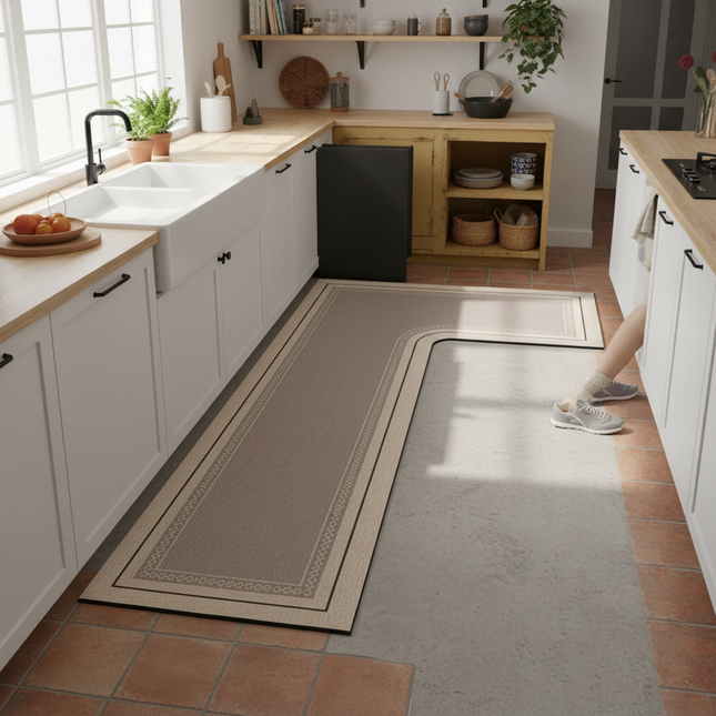 Tapis Cuisine beige forme L antidérapant