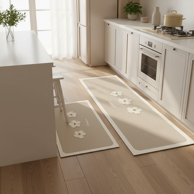 Tapis Cuisine beige fleuri antidérapant