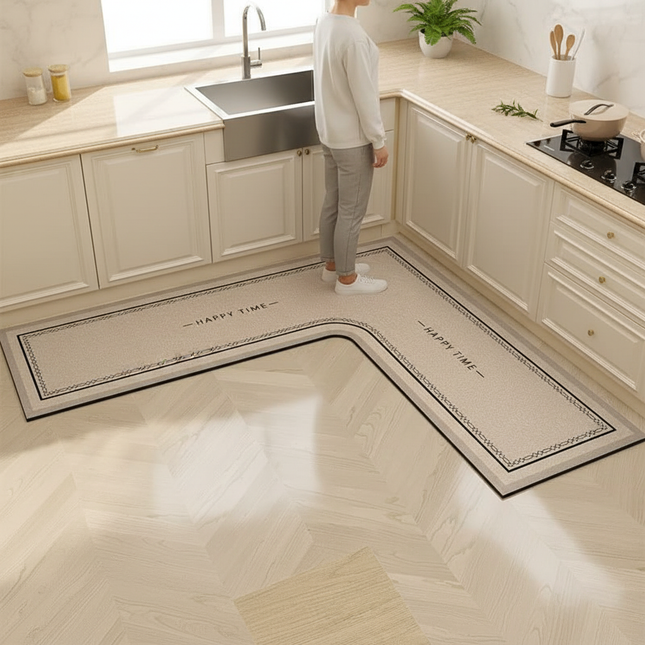 Tapis Cuisine L-forme beige antidérapant décoratif
