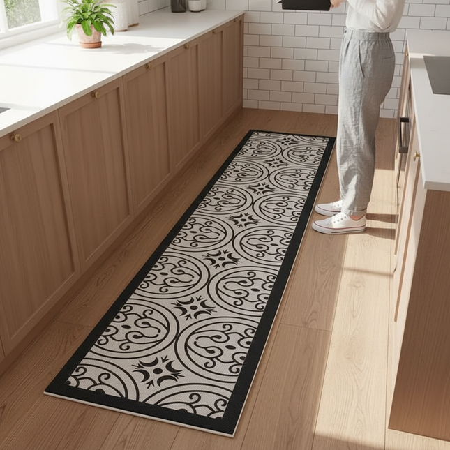 Tapis Cuisine noir et blanc motif antidérapant
