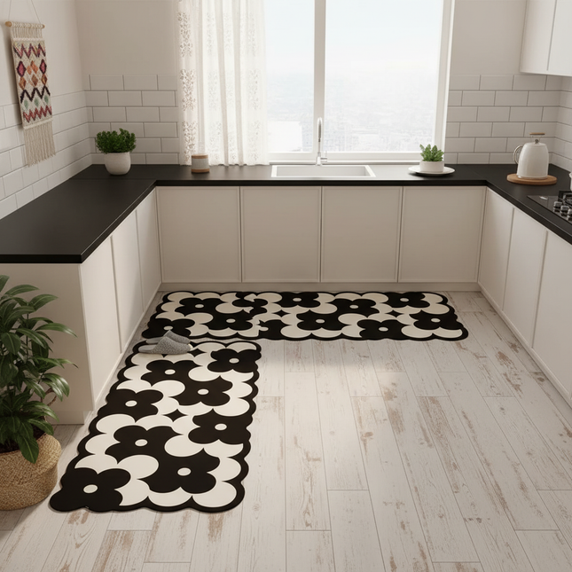 Tapis Cuisine noir et blanc motif floral antidérapant